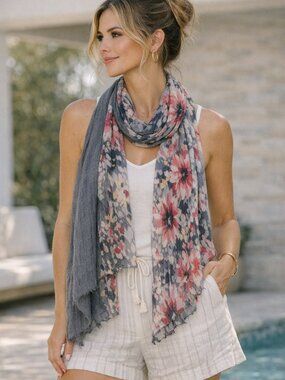 423 - ๐ธ Pink & Gray Floral Pleated Scarf Wrap | Lightweight Flowing Maxi Shawl